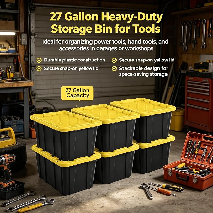 6 Pack, Large 27 Gallon Durable Plastic Storage Bin with Snap-On Lid, Storage Bin for Home Garage Organization, Black and Yellow