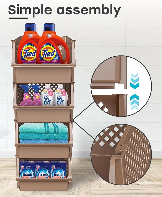 TidyFriend Plastic Stackable Storage Bins for Pantry, 4 Pack Stackable Bins For Organizing Food, Kitchen, and Bathroom Essentials (Brown) | Sturdy Plastic, Easy Stacking, Open Front Access, Ventilated Sides, Vertical & Space Saving Pantry Organizers an...