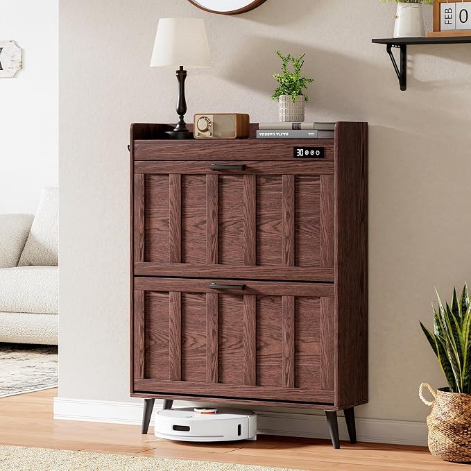 ChooChoo Shoe Storage Cabinet with 2 Flip Drawers and Deodorizer | Shoe Organizer Storage for Entryway, Freestanding Hidden Slim Narrow Shoe Rack Cabinet, Walnut