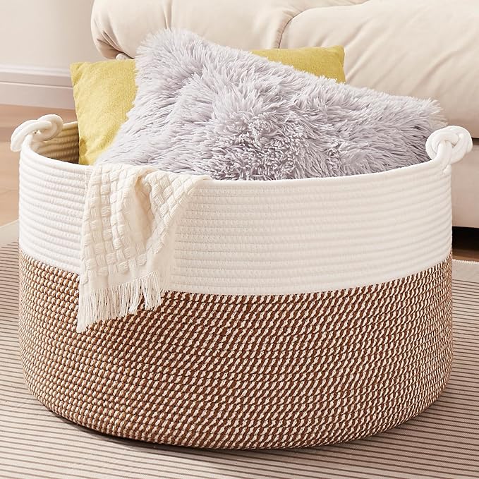 OIASKET Large Blanket Storage Basket for Living Room, 22.8" x 22.8" x 13" Woven Cotton Rope Basket with Handles, Baby Toy Storage, Laundry Hamper for Clothes, Pillows, Towels-Yellow and White