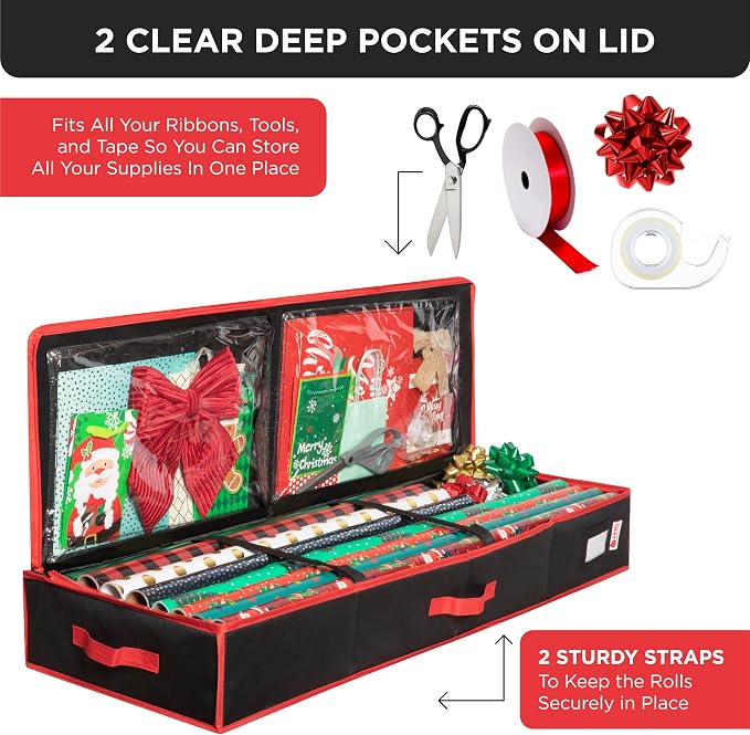HOLDN’ STORAGE Premium Wrapping Paper Storage Container, Black | Durable 600D Tear-Proof, Fits 27 Rolls Gift Wrap, Extra Pockets for Ribbons & Bows, Underbed Storage