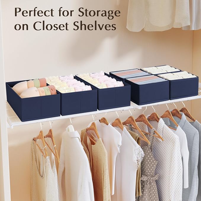 DIMJ Drawer Organizers Clothes, Set of 16 Dresser Organizer Bins, Fabric Closet Organizers and Storage, Shallow Drawer Dividers for Nursery, Clothing, Baby Clothes, Socks, Underwears, Tie (Navy Blue)