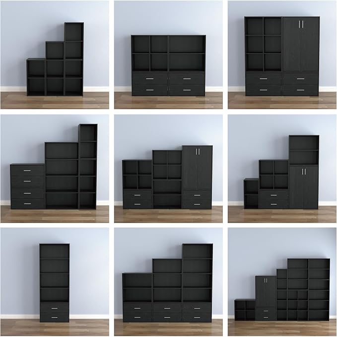 Homes: Inside + Out Apexa 4-Cube Storage Organizer Shelves, Stackable Wood Bookcase Fits Cubby Bins for Organization, Dorm Teen Room Decor & Home Office, Black