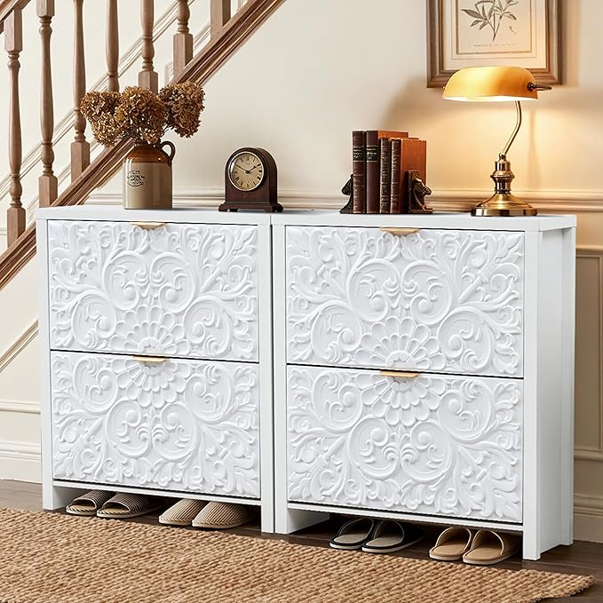 weselon Flip Drawer Shoe Cabinet Set of 2, Narrow Shoe Storage Cabinet, 2-Tier Hidden Shoe Organizer with Carved Floral for Entryway, Slim Shoes Storage for Hallway Foyer (2, White)
