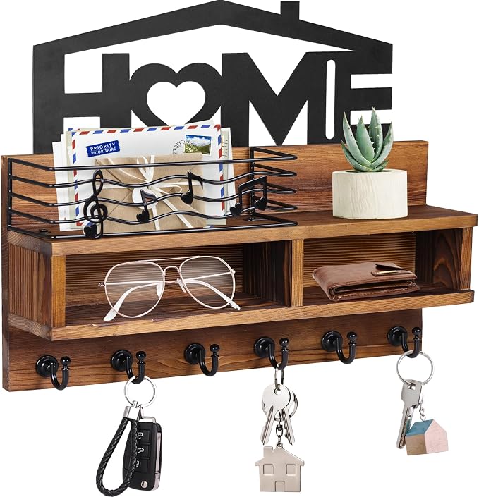 VIS'V Key Holder Wall Mount, Decorative Wood Mail and Key Organizer, Brown | Contains Iron Storage Basket, Small Shelf, 2 Compartments, 6 Hooks, for Entryway, Hallway, Doorway, Kitchen, Garage, RV