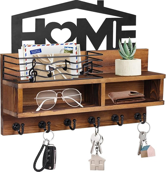 VIS'V Key Holder Wall Mount, Decorative Wood Mail and Key Organizer, Brown | Contains Iron Storage Basket, Small Shelf, 2 Compartments, 6 Hooks, for Entryway, Hallway, Doorway, Kitchen, Garage, RV