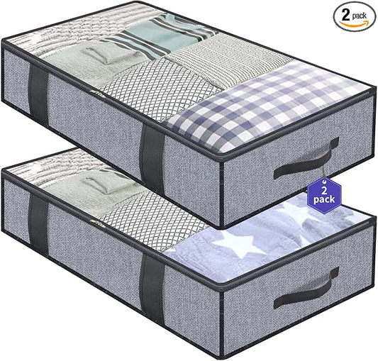 Onlyeasy Foldable Underbed Bags 2 Pack - Blankets Clothes Comforters Storage Bag Breathable Zippered Organizer for Bedroom with Clear Window and 4 Handles, 39.4x19.7x5.9 in, Linen-like Grey, MXDUBBP2