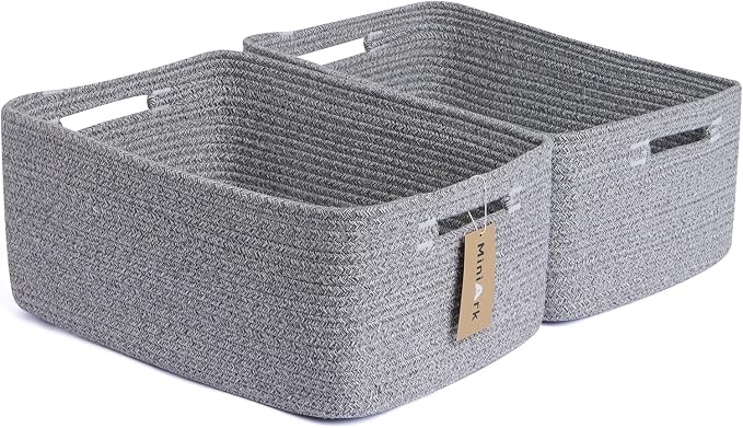 MiniArk Large Storage Baskets for Shelves, 17 x 13 x 7.5” Closet Organizers Bins for Clothes Blanket Towels, Baby Nursery, Toy Baskets Box, Woven Rope Baskets, 2 Packs Mixed Grey