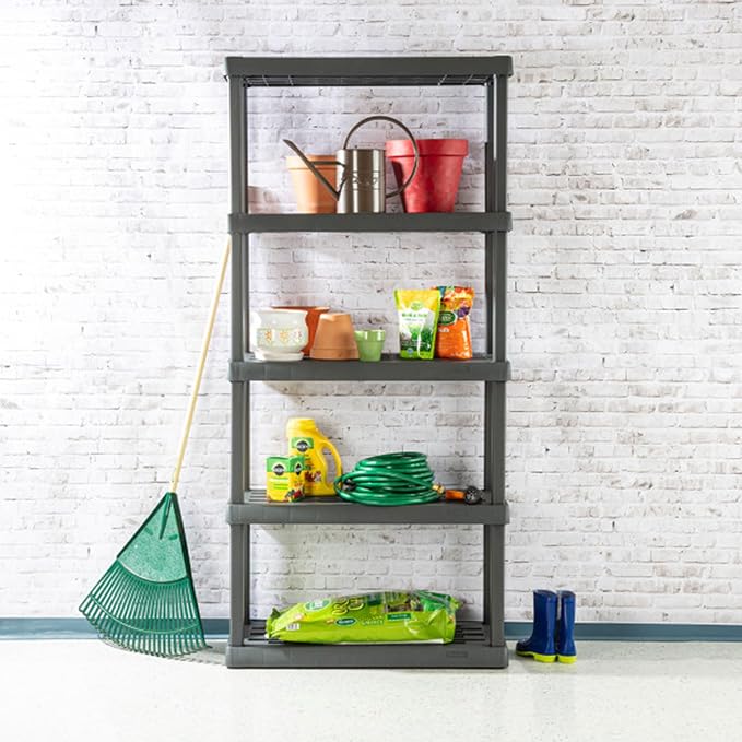 Sterilite 5 Shelf Unit, Heavy-Duty Plastic Utility Storage Rack, 4-Pack | Freestanding Shelving Organizer with 150 lb Capacity Per Shelf for Kitchen, Bathroom, Garage, Basement, Pantry & Laundry Room