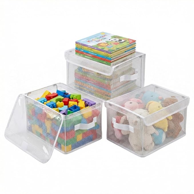 3-Pack 1 1.8"×9.45"×6.7" Clear Storage Bins with Lids & Handles, Foldable | Clear PVC transparent design,11 lbs load-bearing capacity,Kids toys/books/stuffed animal storage