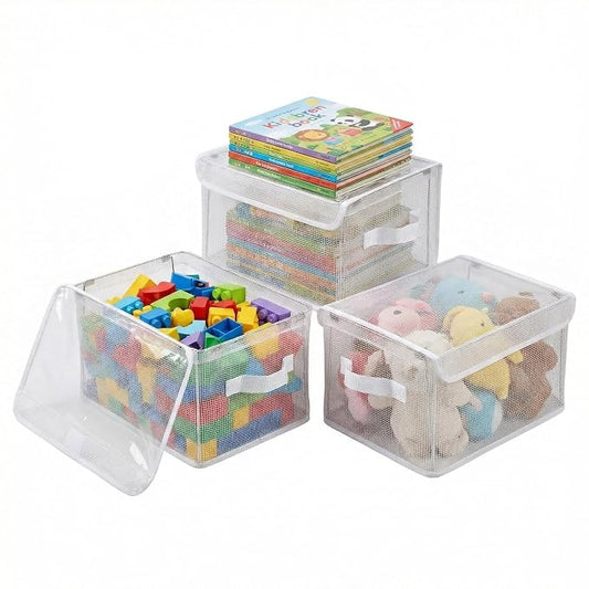 3-Pack 1 1.8"×9.45"×6.7" Clear Storage Bins with Lids & Handles, Foldable | Clear PVC transparent design,11 lbs load-bearing capacity,Kids toys/books/stuffed animal storage