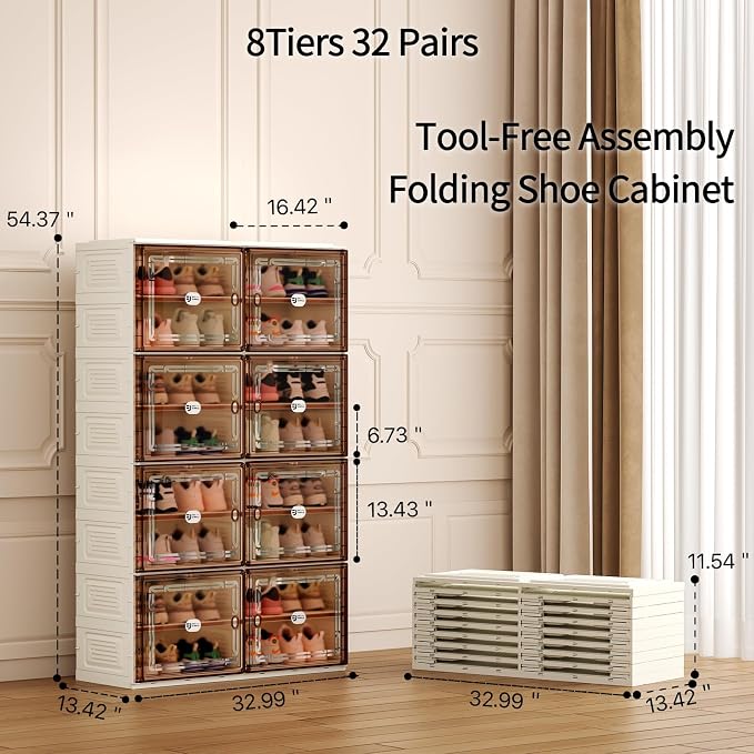 Foldable Shoe Cabinet with Magnetic Clear Doors, Wide Design Shoe Rack for Entryway, Portable Shoe Organizer Meeting Diverse Storage Needs (White, 2Row 8Tier)