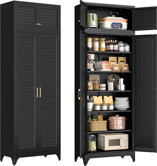 Polup 90" Tall Metal Kitchen Pantry Storage Cabinet with Doors and Shelves | Heavy-Duty Black Cabinet, 5 Adjustable Shelving, Gold Handles, Louvered Doors, for Dining Living Room, Bathroom & Garage