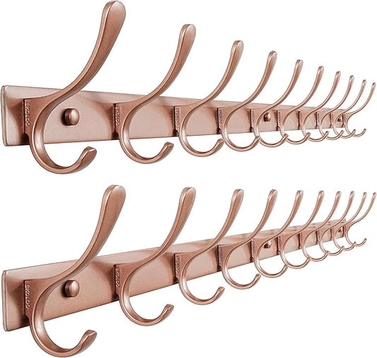 SKOLOO Wall Mounted Coat Rack - 10 Hooks, Pack of 2, Heavy Duty, Stainless Steel, Metal Wall Hanger, Sturdy Coat Hooks for Hanging Coats, Jackets, Clothes, Hats - Matte Rose Gold