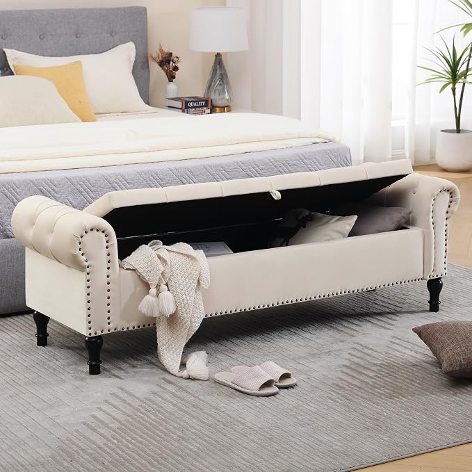 Storage Bed Bench for Bedroom, Velvet 67" End of Bed Benches, King Size Bench with Armrest, Tufted Button Upholstered Ottoman Bench for Living Room, Entryway, Cream White