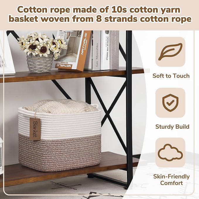 Goodpick Small Woven Storage Basket, Rectangle, Brown | 13 × 10 × 9 in, Cotton Rope, Reinforced Handles, Shelf Bedroom & Living Room Organization, Nursery Essentials & Home Decor