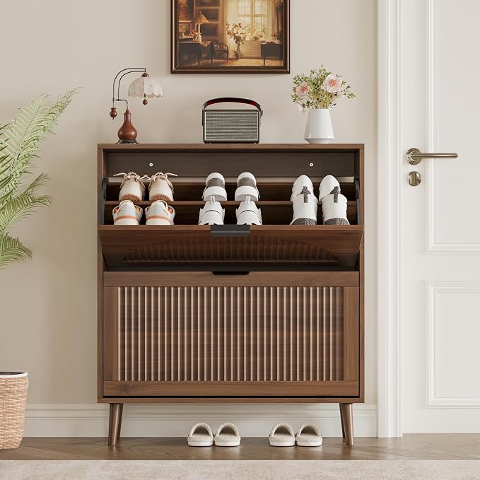 BORNOON Shoe Cabinet for Entryway with 2 Flip Drawers, Slim Wooden Shoe Storage Organizer with Modern Fluted Pannel，Freestanding Narrow Hidden Shoe Rack for Hallway, Foyer, Living Room