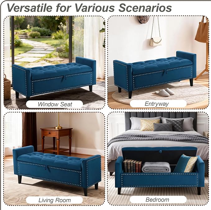 47in Velvet Storage Ottoman Bench with Arms, Upholstered Storage Bench with Wooden Legs, Storage Bench for Bedroom, Living Room, Entryway, Dark Blue