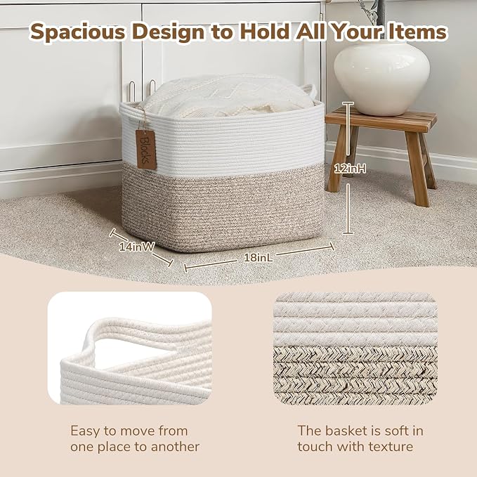 Goodpick Large Woven Storage Basket, Rectangle, Light Brown | 50L, 18 × 14 × 12 in, Cotton Rope, Reinforced Handles, Blankets, Toys Storage, Living Room & Nursery Organization