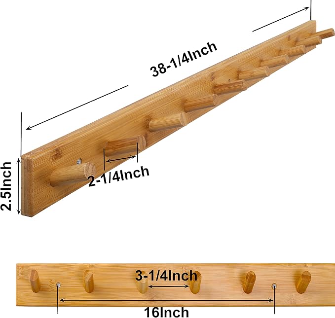 SKOLOO Wood Coat Rack Wall Mounted,10 Peg Long Bamboo Hook for Hanging Backpack Coat Towel Hat,16'' Hole to Hole,Pack of 2,Natural