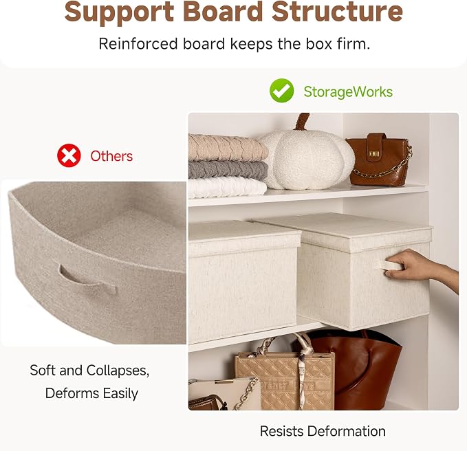 StorageWorks Fabric Storage Bins with Lids, Decorative Storage Bins with Soft Handles, Foldable Storage Baskets for Closet, Shelves, Stackable and Sturdy Organization, Beige, Jumbo, 3-Pack