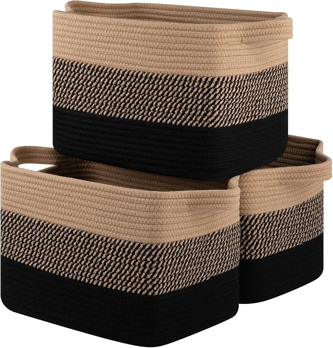 OIASKET Storage Basket for Organizing, Woven Baskets for Storage, Rectangle Decorative Baskets for Shleves, Closet, Toys, Books, Nursery Organizer Bins - Pack of 3 (Black & Brown, 13"x9.85"x8.7")