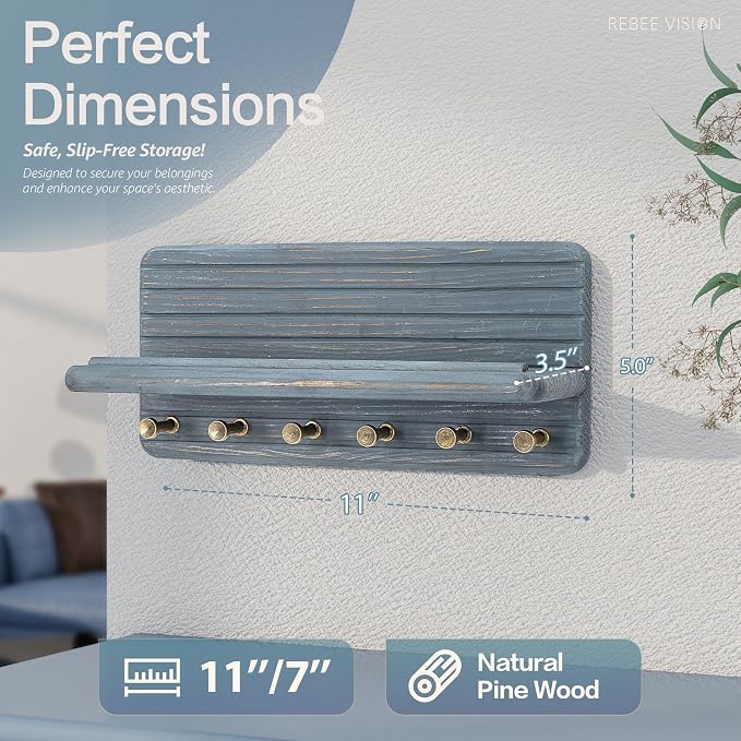 Rebee Vision Key Holder Wall Mount with Shelf for Home Decor, RoyalBlue | Key Holder for Wall, 6 Key Hooks,Pine Wood, Floating Shelf, Mail Organizer, Apartment Essential for Room Improvement