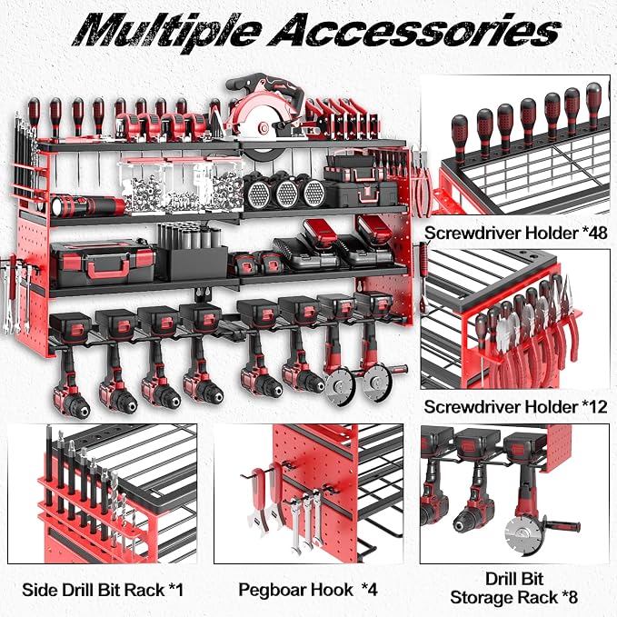 33" Metal Power Tool Organizer Wall Mount,4 Tier,Red | Heavy-Duty Metal,320 LBS Capacity,8 Cordless Drill Holders,Adjustable Hooks,Tool Shelf for Garage Workshop Shed,Pegboard