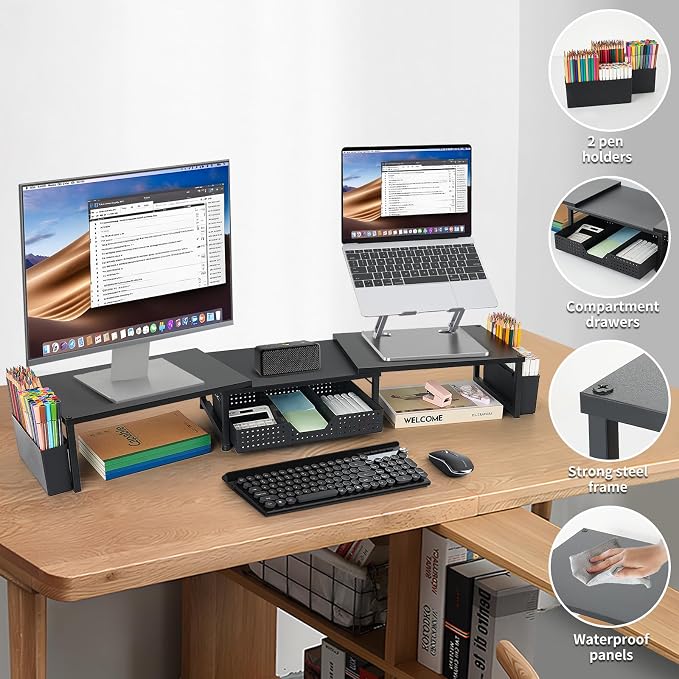 OPNICE Desk Organizers and Accessories, Dual Monitor Stand Riser with Drawer and 2 Pen Holders, Desk Shelf Computer Racks for Office Workspace Organizers, Desktop Organization (Charcoal Black)