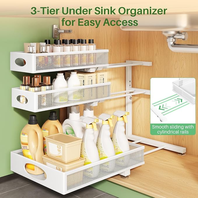 Kitstorack Under Sink Organizer 3-Tier Slide Out Drawer for Bathroom 2-Pack | Height Adjustable, Metal Mesh Storage Rack, Pull out Cabinet Organizer Shelf for Kitchen Pantry Home Laundry Organization