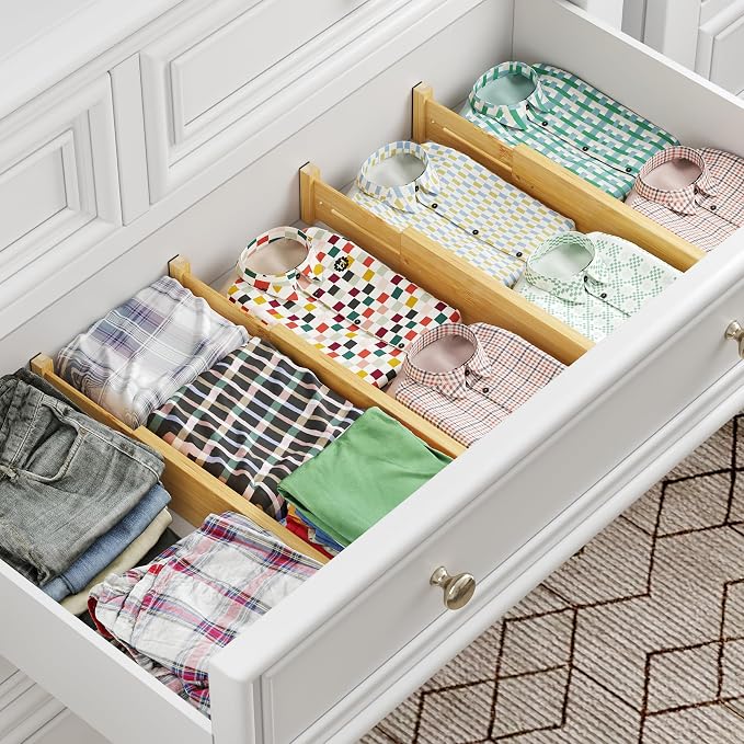 BAMEOS Bamboo Expandable Drawer Dividers – Fits 13.3"–19" Drawers, 3" Deep Walls, Set of 4 | Spring-Loaded Separator for Deep Kitchen & Bathroom Drawers, Prevents Items Falling Over