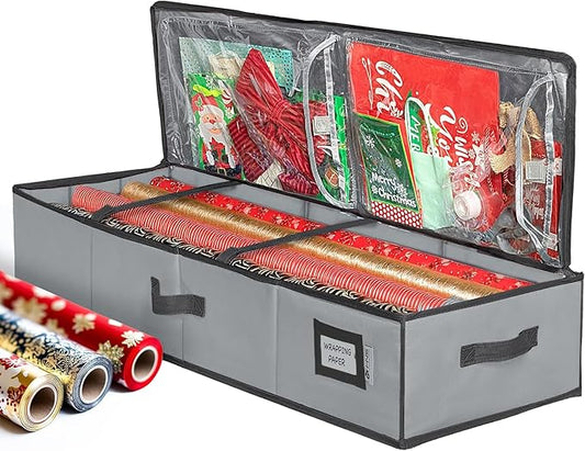 HOLDN’ STORAGE Premium Wrapping Paper Storage Container, Grey | Durable 600D Tear-Proof, Fits 27 Rolls Gift Wrap, Extra Pockets for Ribbons & Bows, Underbed Storage