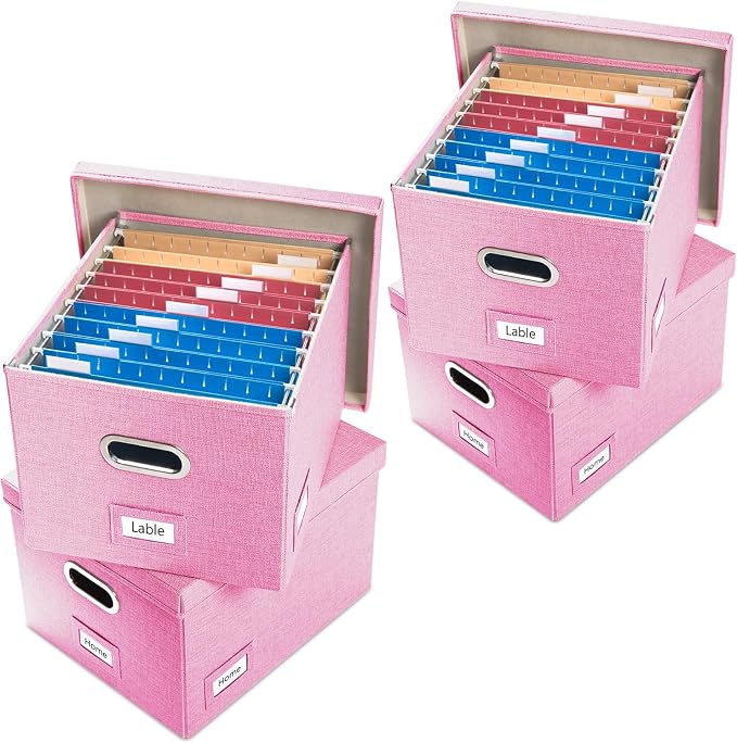 File Organizer Box - Set of 4 Collapsible Decorative Linen Filing Storage Hanging File Folders with Lids Office Cabinet Letter/Legal Size Pink 17.1x14x11.1 inch