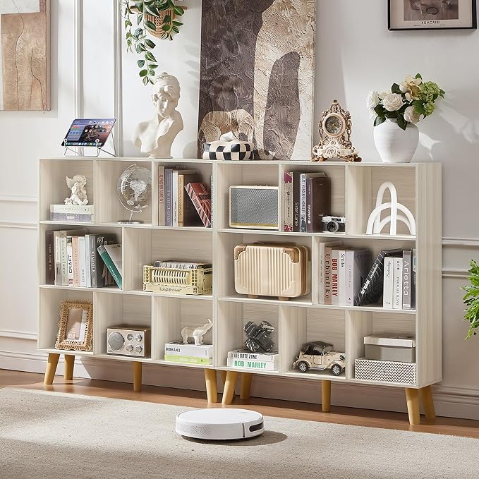 LEYAOYAO 8 Cube Bookshelf,Mid-Century Modern Bookcase with Legs,Light Grey | 3 Tier Book Shelf,Rustic Wood Bookshelves Freestanding Large Storage Organizer, Open Shelves for Bedroom, Living Room, Office