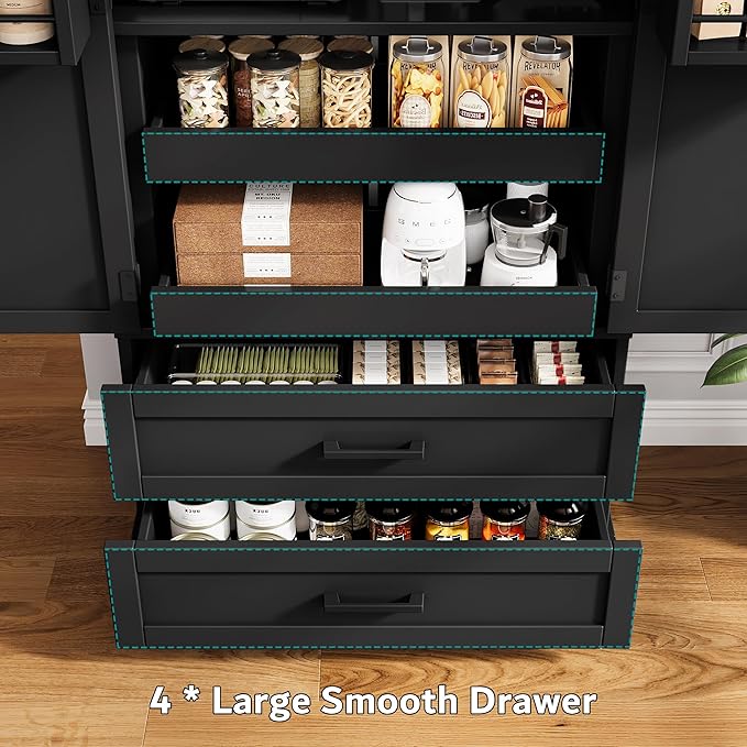 iPormis 71" Tall Kitchen Pantry Storage Cabinet w/Door and Adjustable Shelf & Large Drawers, Freestanding Kitchen Cupboard for Dining Room/Living Room, Black