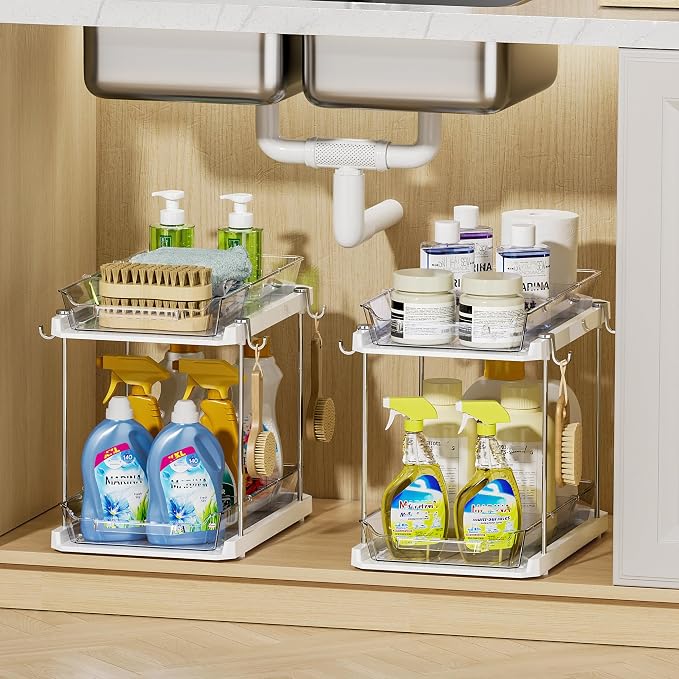 Delamu 2 Tier Under Sink Organizer Bathroom, Bathroom Cabinet Organizer with Snap-Lock Design and Hooks, Pull Out Storage with Movable Dividers, for Countertop, Kitchen and Pantry (White, 2 Pack)