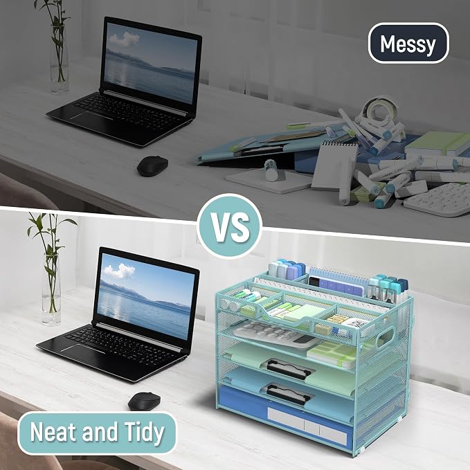 Docnest 5 Tier Mesh Desk Organizer with Removable Tray&Pen Holder, Blue | Features 3 detachable pen holders and 4 removable dividers.Versatile mesh desktop storage for mail, document,office supplie