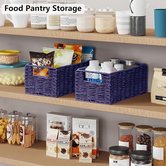 Vagusicc Wicker Storage Basket, Set of 2 Hand-Woven Paper Rope Wicker Basket, Small Storage Baskets for Organizing Toilet Paper, Foldable Small Cube Organizer Bins for Shelves (Purple)