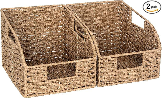 StorageWorks Wicker Baskets for Organizing, Pantry Organizers and Storage, Round Paper Rope Storage Basket for Pantry Shelves, Orange, 2 Pack