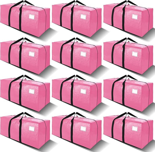 VELVETSURE 12 Pack Heavy Duty Large Moving Bags W/Backpack Straps - Strong Handles & Zippers, Storage Totes For Space Saving, Fold Flat, Alternative to Moving Box and Storage Bin, Pink