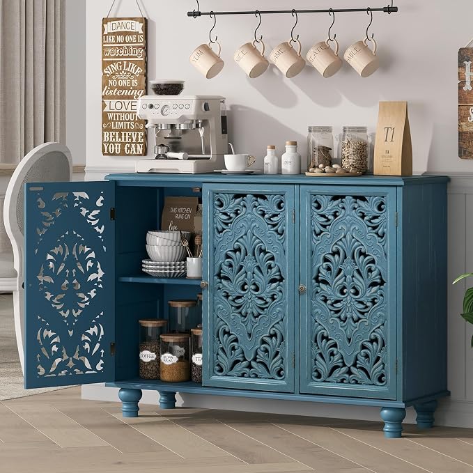JOINICE 42.5" Accent Storage Cabinet with 3 Carved Doors,Mandala Blue | Versatile Storage for Living Room/Dining Room/Bedroom/TV Stand, Solid Wood Legs, Farmhouse/Rustic Style, Adjustable Shelf
