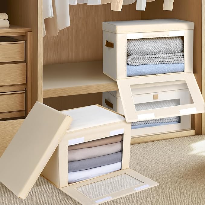 Homsorout Large Closet Storage Bins - Collapsible Clothing Organizer with Handles & Window, Decorative Bin with Lids, Linen Closet Organizers for Living Room, Dorm, 8 Pack, Beige