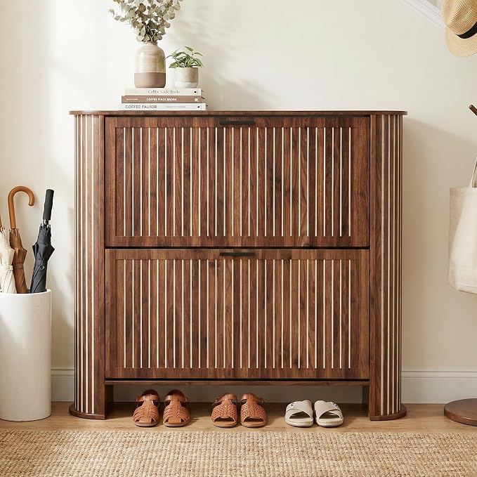 Narrow Shoe Storage Cabinet for Entryway, Slim Fluted Shoe Cabinet with 2 Flip Drawers, Wood Hidden Shoe Rack Organizer for Entry Way, Entrance, Foyer, Hallway, Walnut, Wooden, Thin