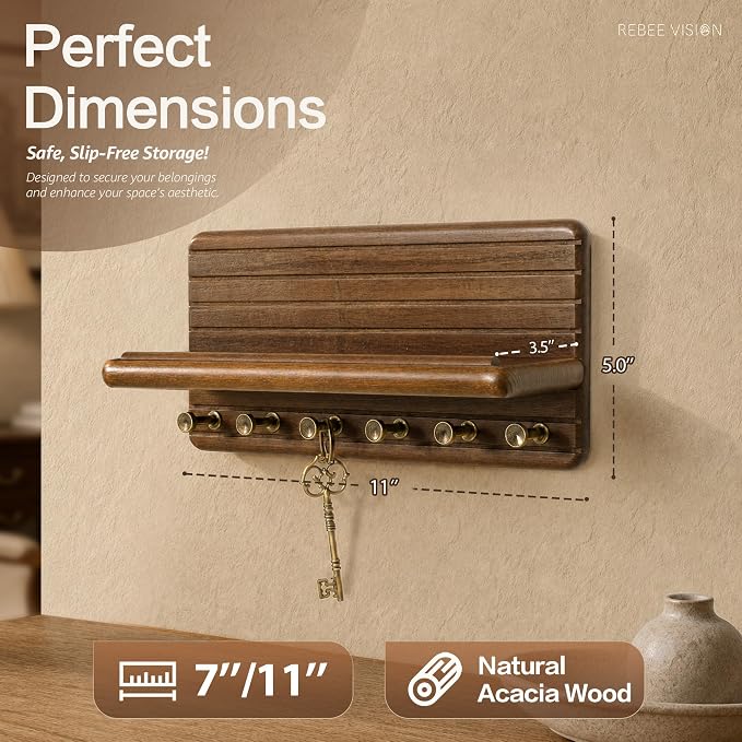 Rebee Vision Acacia Wood Key Holder Wall Mount for Entryway, Brown | Key Holder for Wall, Round Corner, Funtional Floating Shelf, Mail Organizer, Apartment Storage, Practical Home Essential