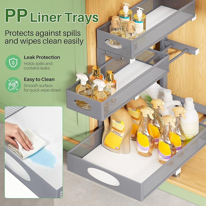Kitstorack Under Sink Organizer 3-Tier Slide Out Drawer 2-Pack Grey | Height Adjustable, Metal Mesh Storage Rack, Pull out Cabinet Organizer Shelf for Bathroom Kitchen Pantry Home Organization
