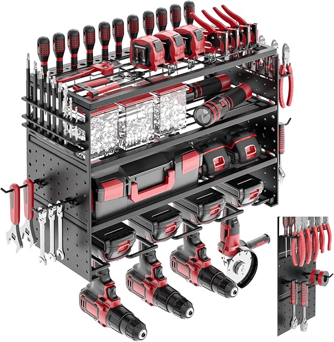 16" Metal Power Tool Organizer Wall Mount,4 Tier,Black | Heavy-Duty Metal,200 LBS Capacity,4 Cordless Drill Holders,Adjustable Hooks,Tool Shelf for Garage Workshop Shed,Pegboard