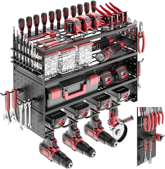 16" Metal Power Tool Organizer Wall Mount,4 Tier,Black | Heavy-Duty Metal,200 LBS Capacity,4 Cordless Drill Holders,Adjustable Hooks,Tool Shelf for Garage Workshop Shed,Pegboard