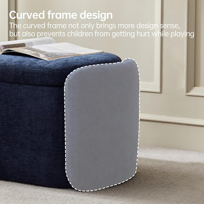 VKNOW Storage Bench, Upholstered Storage Ottoman Bench with Hinge, Navy | Ottoman Bench with Large Capacity, Curved Frame, Soft Fabric, Storage Bench for Bedroom, Living Room, Entryway, Window