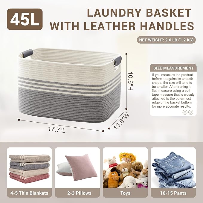 45L Small Woven Laundry Basket Hamper with Leather Handles,Grey | collapsible wicker hamper, storage for dirty clothes, toys, blankets, gifts, living room, bedroom, bathroom, 18"x14"x11"
