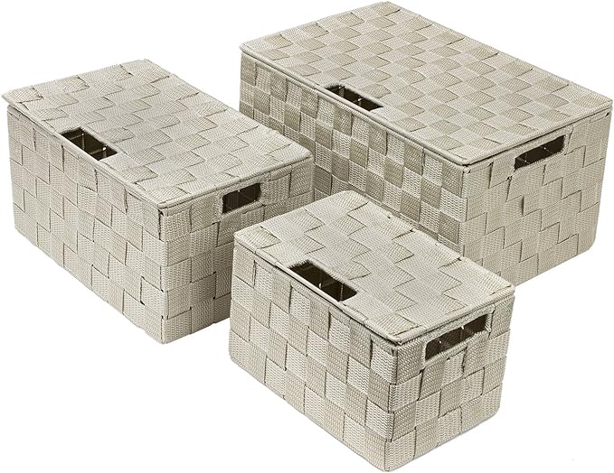 Sorbus Set of 3 Storage Baskets for Organizing with Lid – Mesh Hand-Woven Baskets for Closet, Shelf & Home Storage (Beige, Variety Pack)